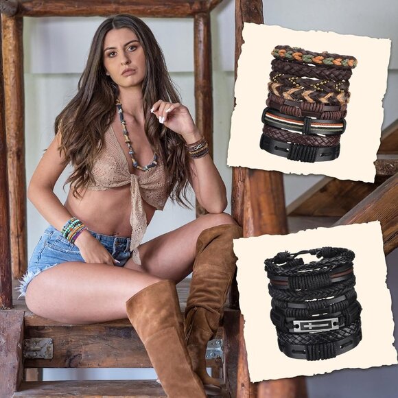 Tondiamo Unisex 50 Pcs Braided Leather & Wooden Bead Wrap Bracelets Adjustable E - Picture 6 of 6